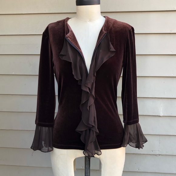 Vintage Cachet Y2K Whimsigoth Ethereal Dark Brown Velvet Silk Ruffle Zip Up Top - Picture 7 of 17